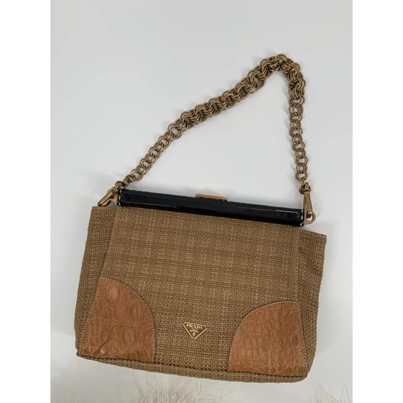Prada Handbags - Prada Paglia Straw & Black cocco Lu Crocodile  Bag
